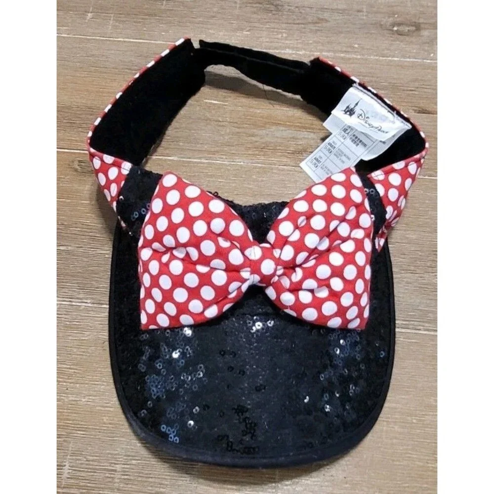 Disney Minnie Mouse Adult Visor Black Sequin & Red White Polka Dot Bow